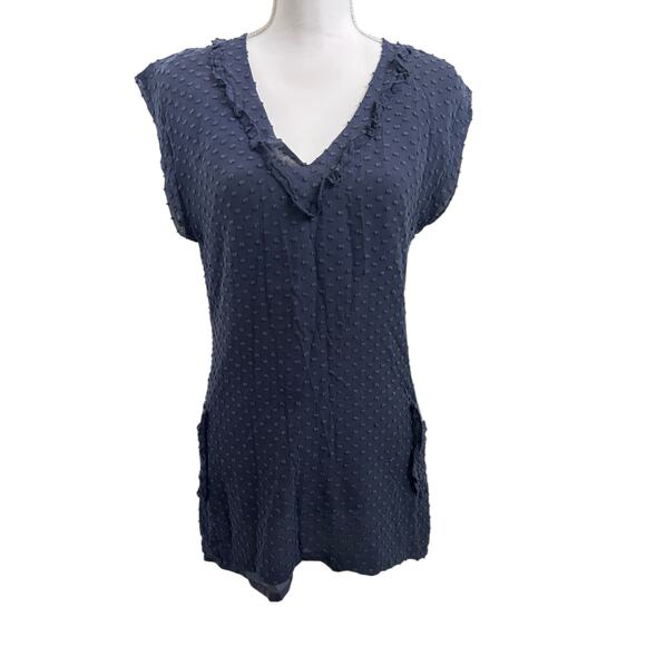 SUNNER Sleeveless Silk Blend Swiss Dot Ruffle V-neck Tunic Navy-Sz S - Picture 1 of 8